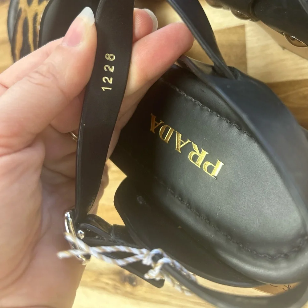 Prada Wood Studded Pony Hair Leopard Leather Buckle Clog Sandals RARE - Picture 6 of 8